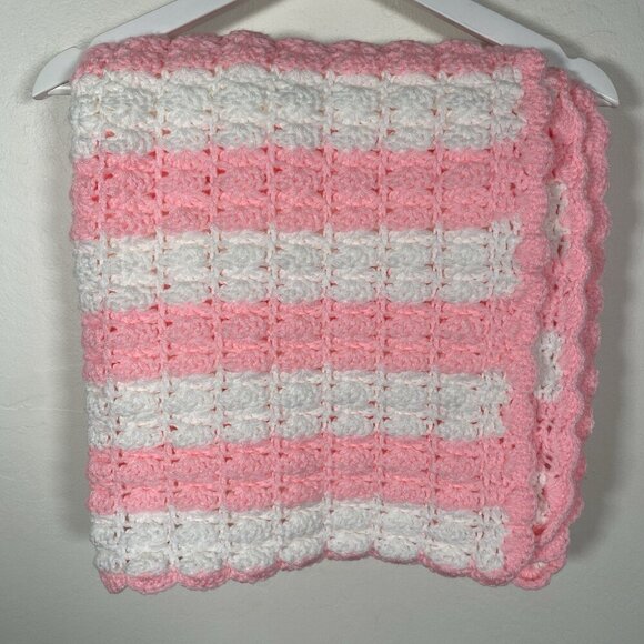 Handmade Crochet Baby Blanket Afghan Pink & White 29"x42" - Picture 2 of 7